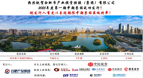 牛达人配资 创集团同期限中期票据最低利率！合肥产投集团2025年度第一期中期票据成功发行